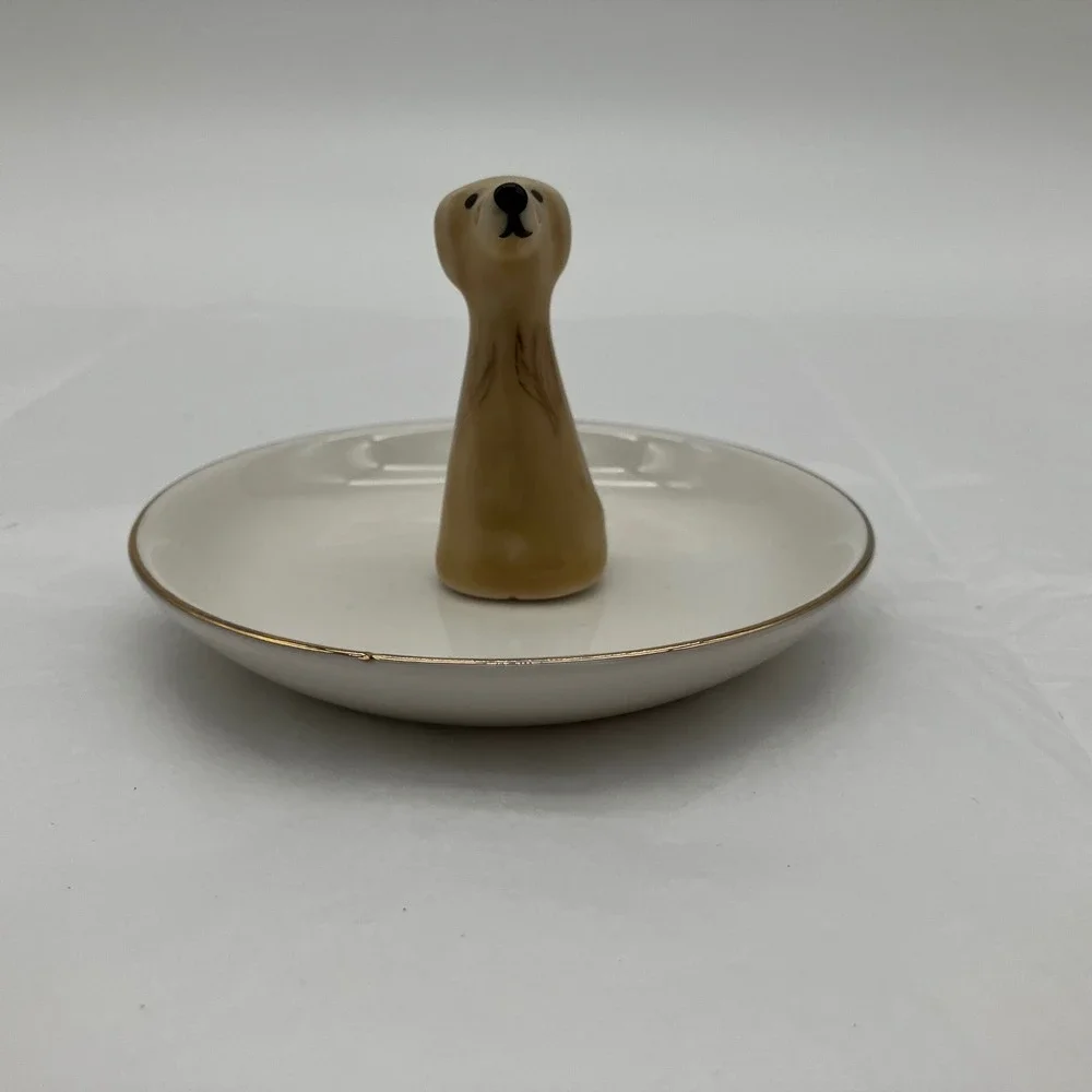 Ring Holder Dog Trinket Dish 4in Cream Gold Catch All